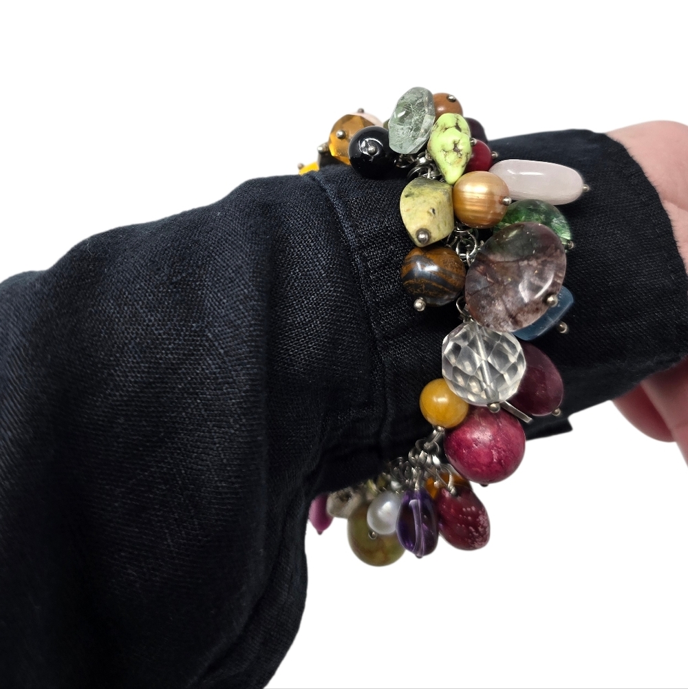 Vintage Handmade Bespoke Multi Stone Charm Bracelet Sterling Silver Chain